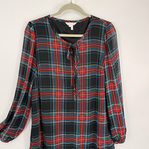 Draper James Plaid Chiffon Shift Dress size Medium Long Sleeves Ruffle Hem Midi - Picture 3 of 8